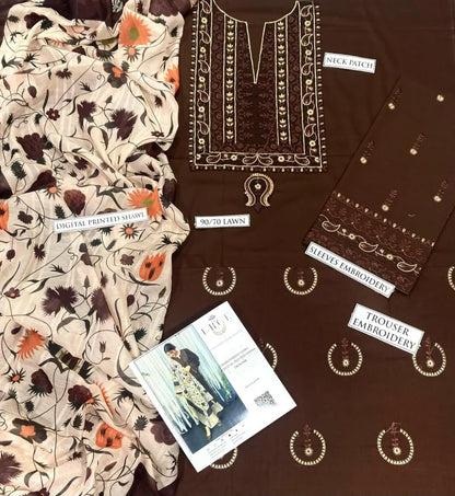 Brown Embroidered 3-Piece Lawn Suit for Women