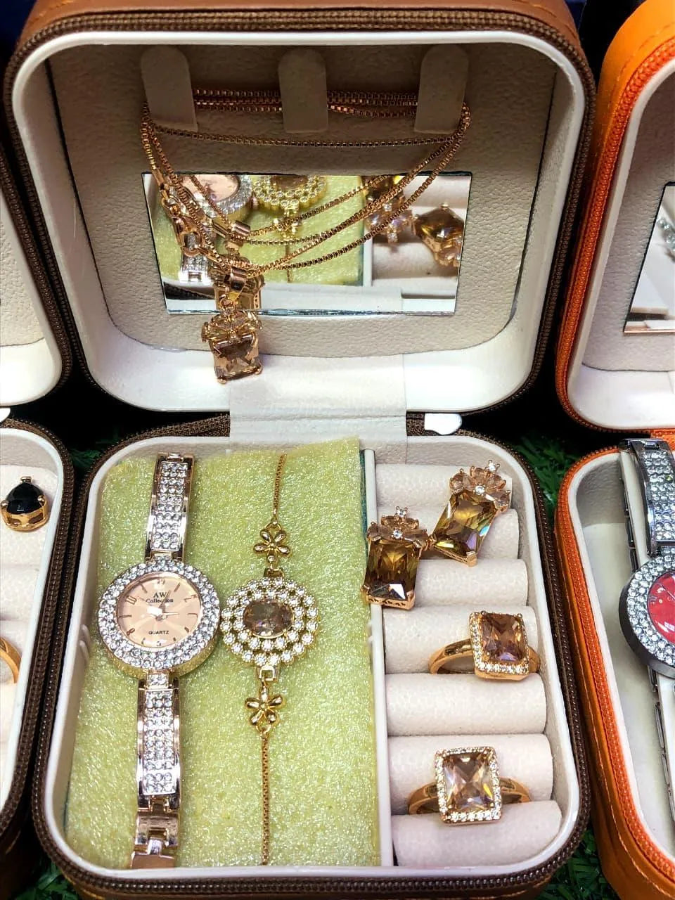 Women's Luxury Gold Plated Jewellery Watch Set with Black Stones