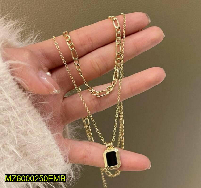 Golden Layered Chain Necklace with Black Stone Pendant 18"