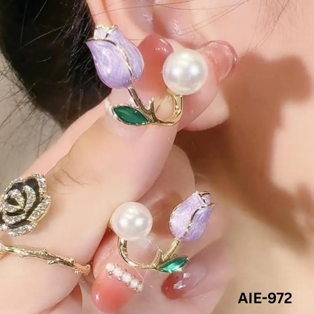 Flower Pearl Earrings Pink Green Leaf Lightweight Daily Wear