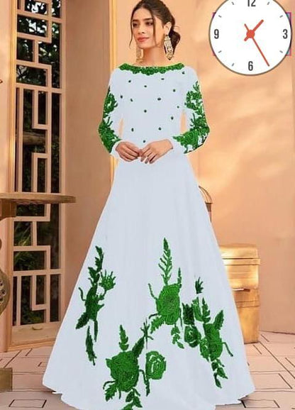 White Silk Maxi Suit with Green Floral Embroidery for Eid & Weddings