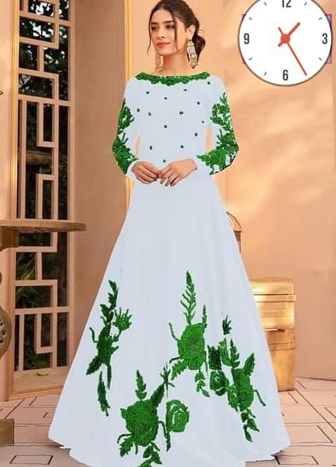 White Silk Maxi Suit with Green Floral Embroidery for Eid & Weddings