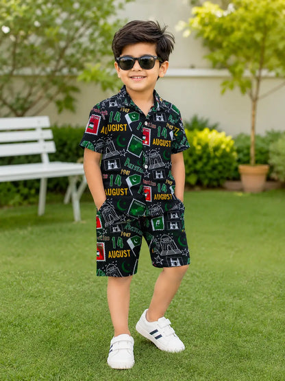 14 August 2 Pcs Boy's Dhanak Printed Shirt And Shorts Set