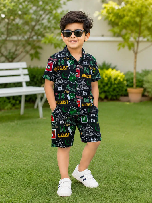 14 August 2 Pcs Boy's Dhanak Printed Shirt And Shorts Set