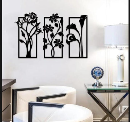Modern Abstract Floral Wall Art Set Black MDF 12x22"