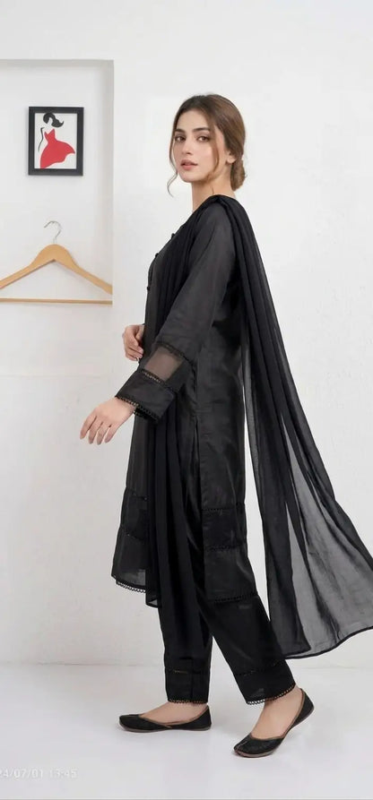 3 Pcs Women's Stitched Arabic Lawn Plain Suit with Tissue work