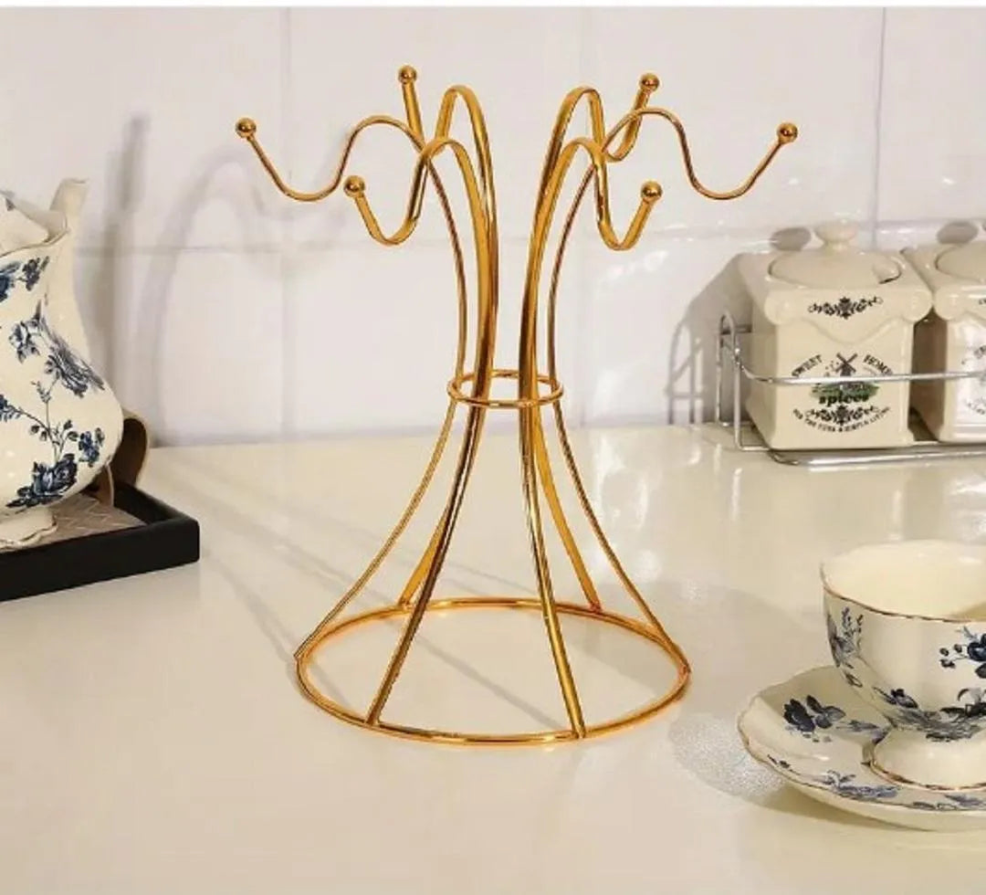 Golden Metal Mug Rack with 6 Hooks for Kitchen or Bar