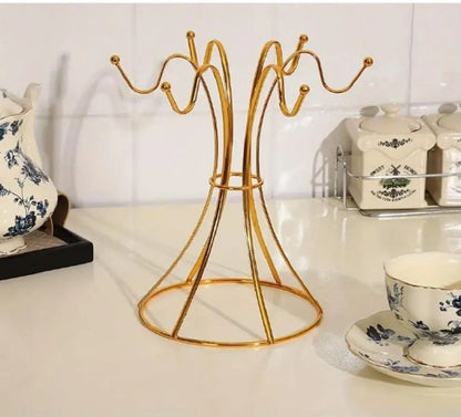 Golden Metal Mug Rack with 6 Hooks for Kitchen or Bar