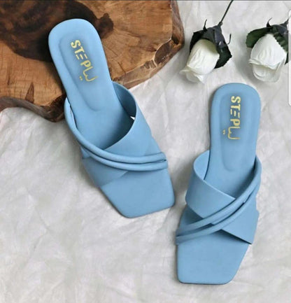 Blue Cross-Strap Rexine Slides for Women
