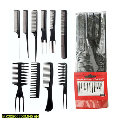Professional Hair Comb Set 10 Pcs Black Plastic