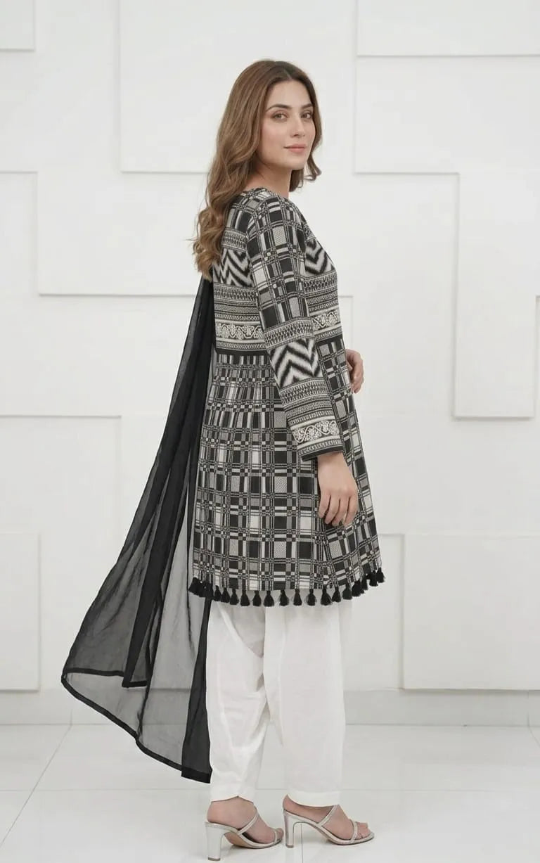 3Pcs Women's Stitched Lawn Digital Print Suit with Lace work short Frock and Shalwar