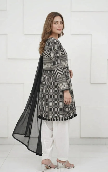 3Pcs Women's Stitched Lawn Digital Print Suit with Lace work short Frock and Shalwar
