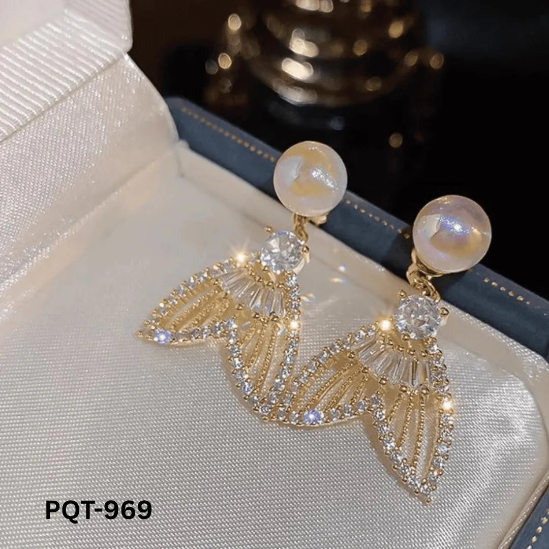 Fish Tail Pearl Zircon Earrings Gold Plated