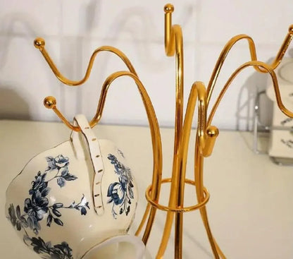 Golden Metal Mug Rack with 6 Hooks for Kitchen or Bar
