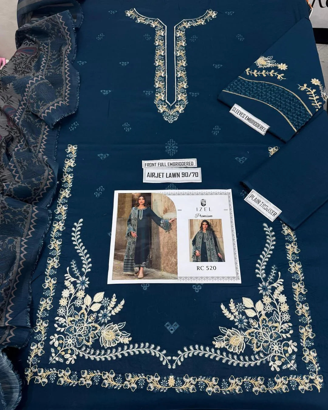 Blue Embroidered 3-Piece Lawn Suit for Women