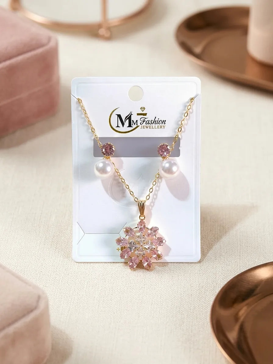 Gold Plated Crystal Pearl Pendant Set for Women