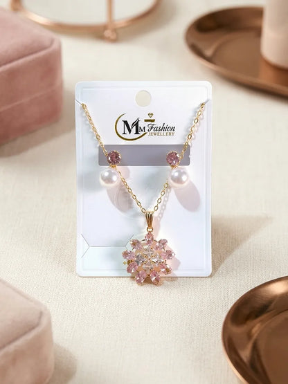 Gold Plated Crystal Pearl Pendant Set for Women