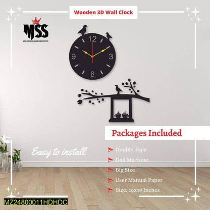 3D Wall Clock Black Bird Design Large 16x19 Inch