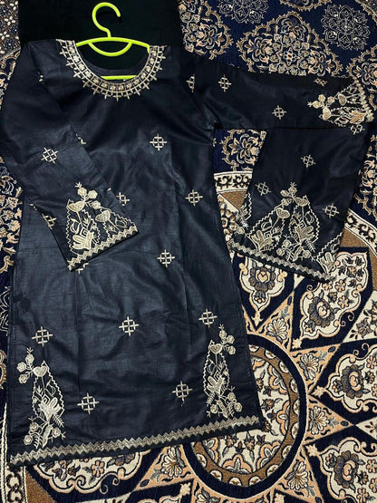 Black Embroidered Kurta & Trouser Set for Girls 7-12