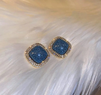 Blue Crackled Stone Earrings Gold Tones Pakistani Women
