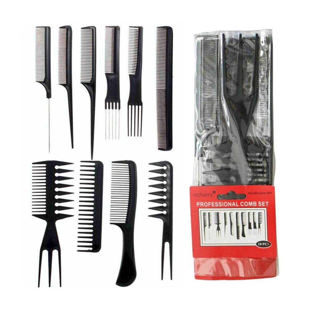 Professional Hair Comb Set 10 Pcs Black Plastic