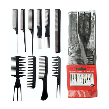 Professional Hair Comb Set 10 Pcs Black Plastic