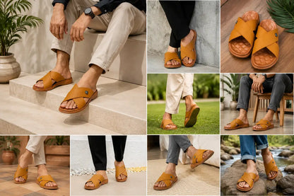 Men's Cross Strap Slide Sandals | Premium Soft Comfortable Slippers for Men | Lightweight Anti-Slip Casual Summer Slides | Indoor Outdoor Open Toe Brown Sandals