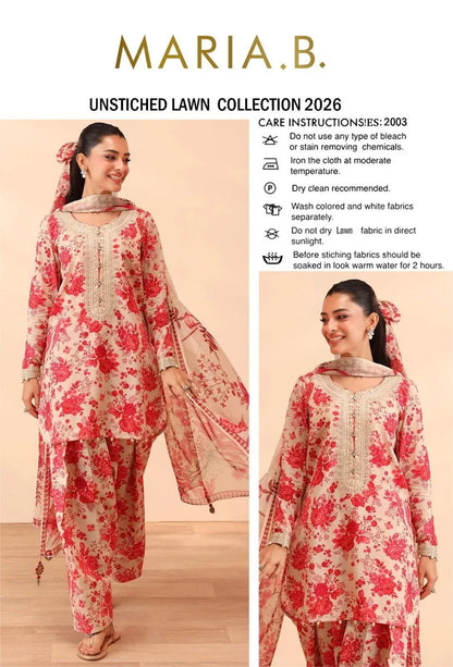 Unstitched Lawn Suit Maria B Red Floral 2026