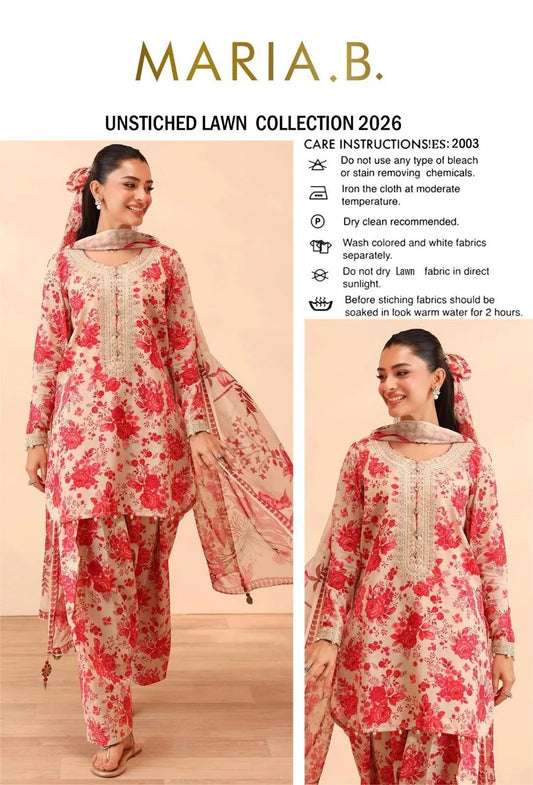Unstitched Lawn Suit Maria B Red Floral 2026