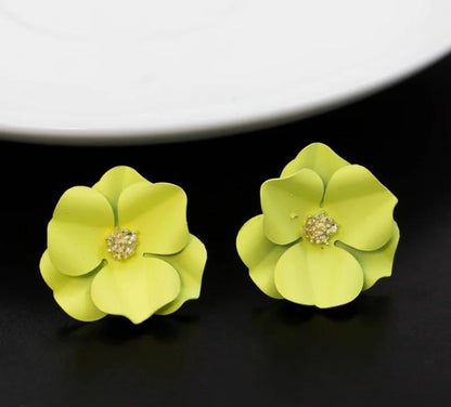 Pink Flower Earrings Gold Center Alloy Studs