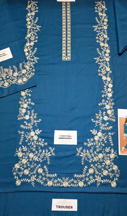Unstitched Lawn Suit Blue Gold Embroidery for Bakra Eid
