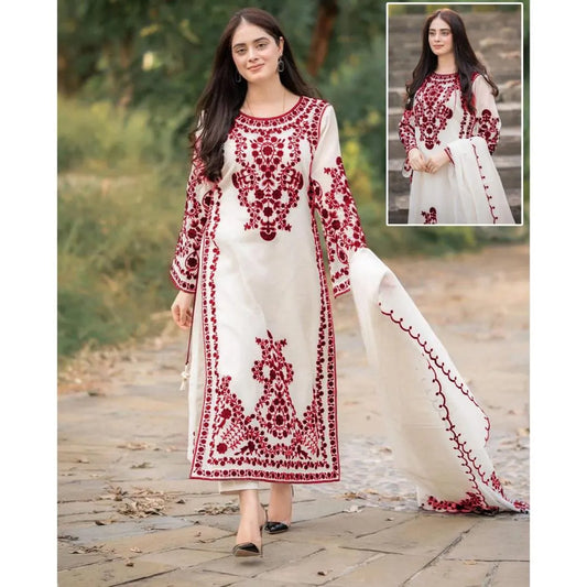 Maroon Embroidered 3-Piece Suit for Women
