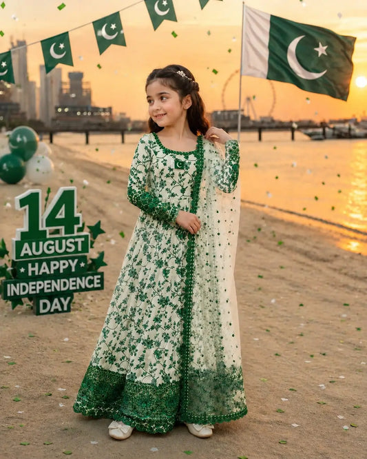3 Pcs Girl's Arabic Lawn Printed Frock And Trouser Set
