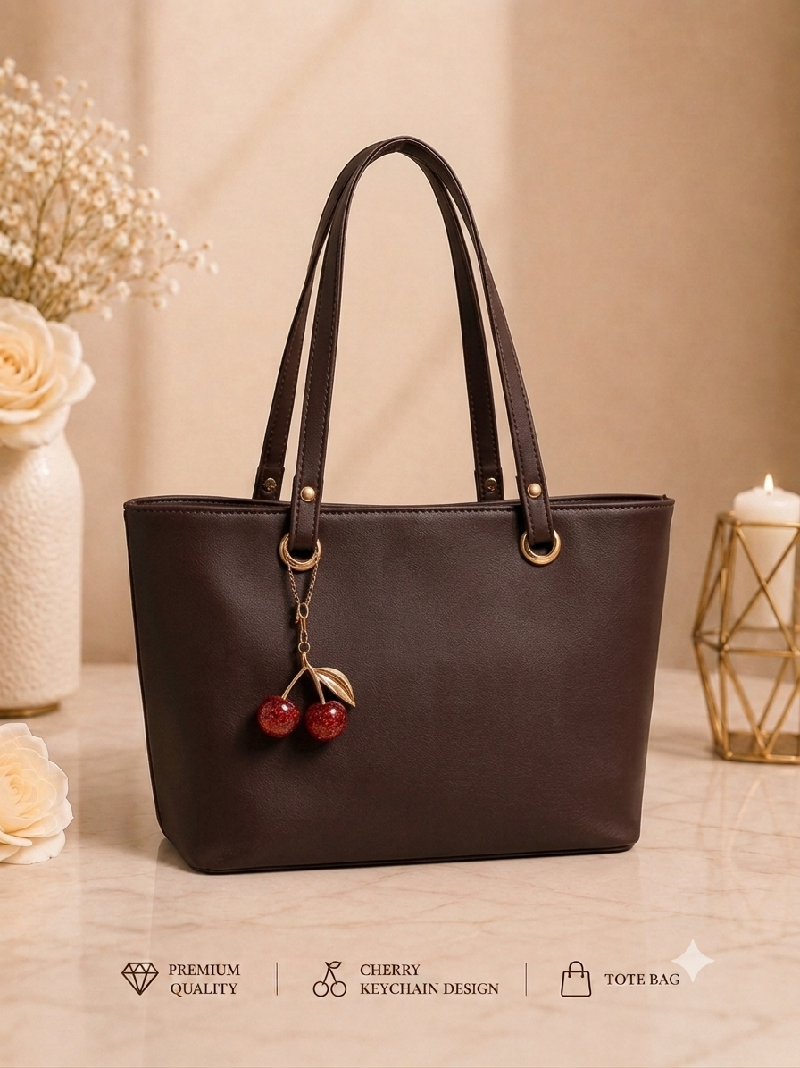 Cherry Charm Women's Tote Bag with Dual Zip Compartments, Back Pocket & Inner Pocket