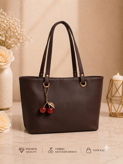 Cherry Charm Women's Tote Bag with Dual Zip Compartments, Back Pocket & Inner Pocket