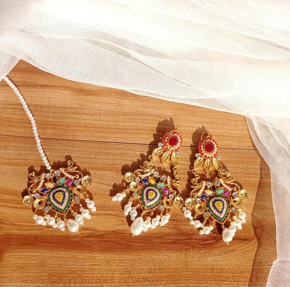 Gold Plated Earrings Set with Bindiya Pendant for Pakistani Brides