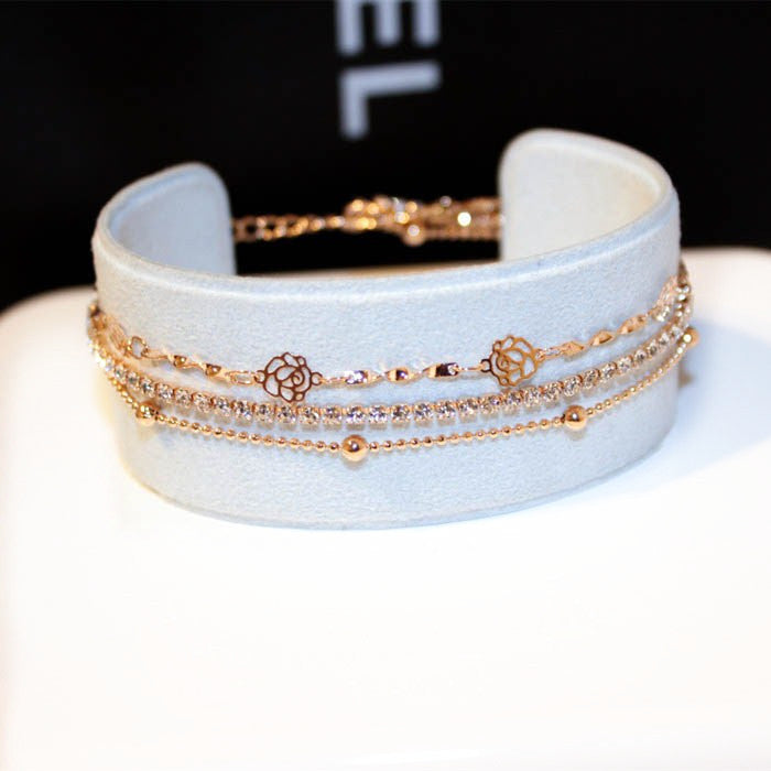 Three Layer Rose Gold Rhinestone Bracelet for Women