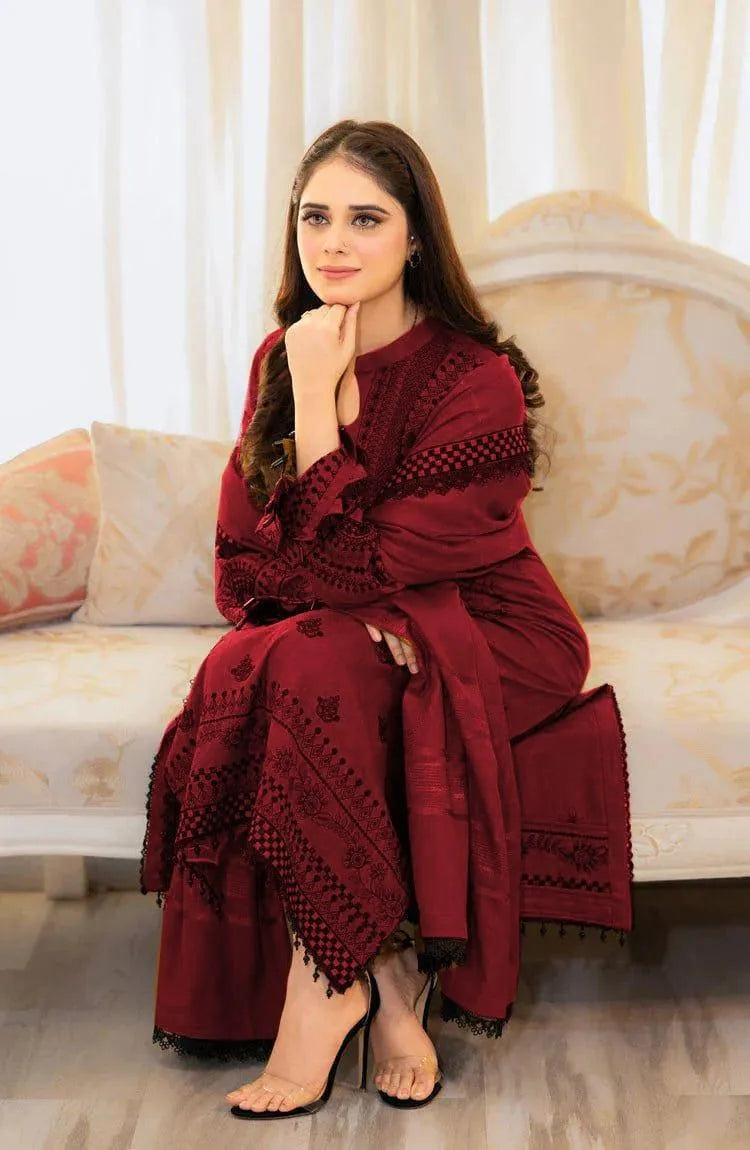 Maroon Embroidered 3-Piece Lawn Suit for Women