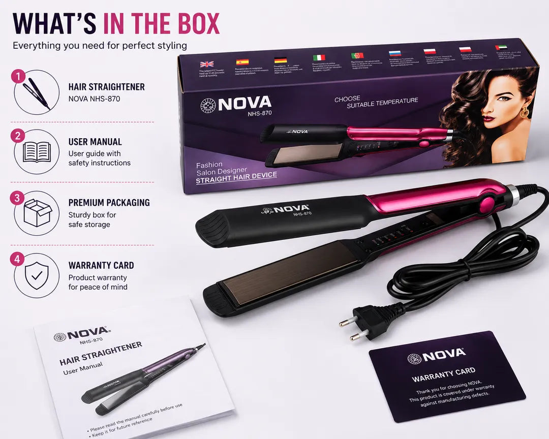 NOVA NHS-870 Professional Hair Straightener | Adjustable Temperature Control | Ceramic Coated Plates | Fast Heating Hair Styling Tool