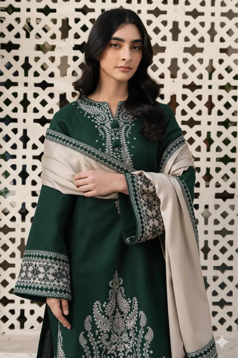 Green Lawn 3-Piece Suit with Silver Embroidery for Women