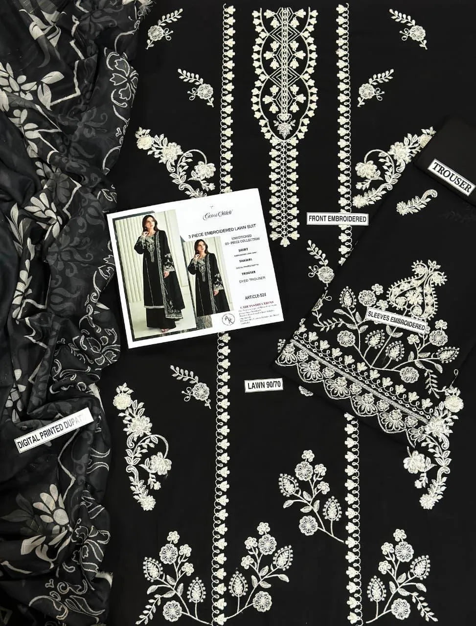 Black Embroidered Lawn 3Pcs Set for Women