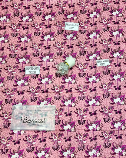 Pakistani Women Floral Printed Lawn Suit Peach Purple