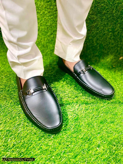 Men's Black Rexine Loafer Shoes with Metal Accents