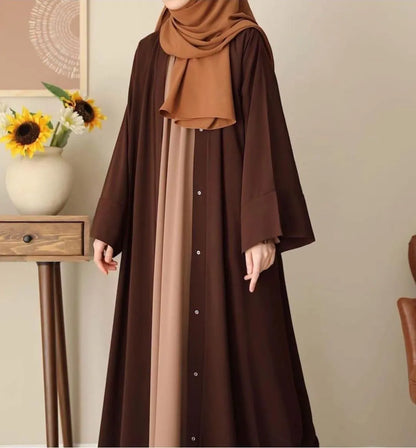 Women Georgette Full Abaya Chocolaty Brown Front Button Closure