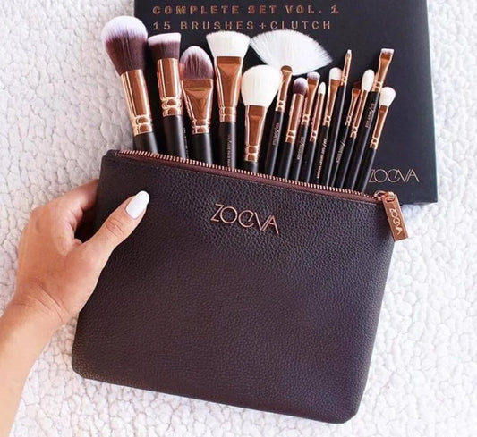 Makeup Brush Set 15 Pcs Travel Clutch Brown Rose Gold