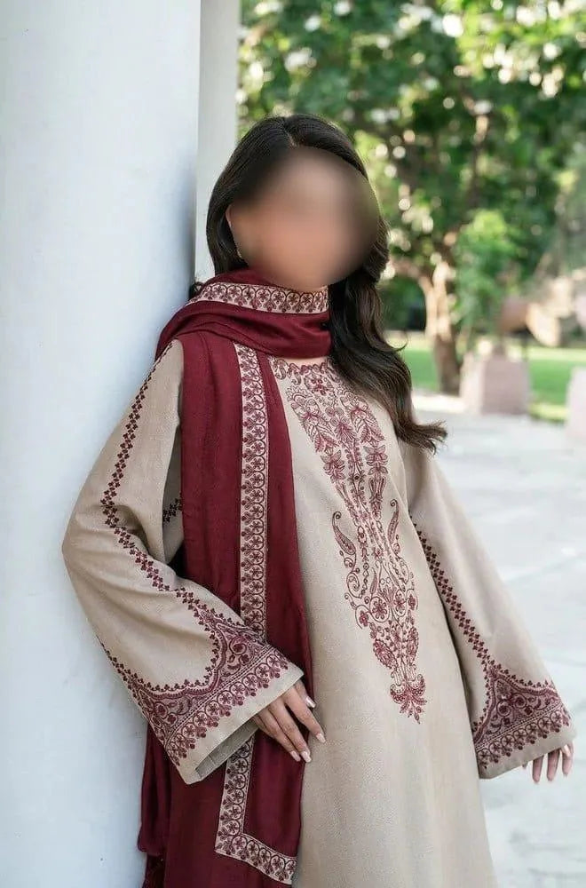 3-Piece Embroidered Lawn Suit Ivory Maroon for Weddings