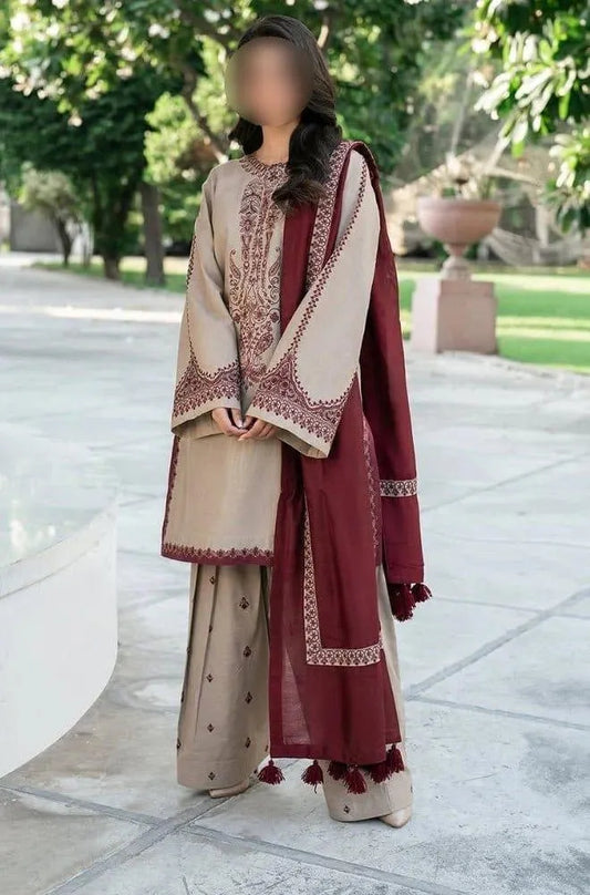 3-Piece Embroidered Lawn Suit Ivory Maroon for Weddings
