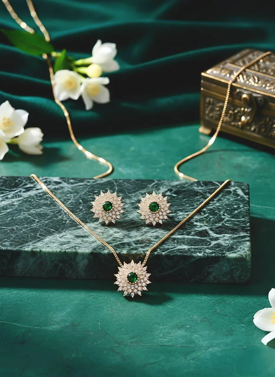 Sunburst Pendant Set Green Zircon Gold Plated