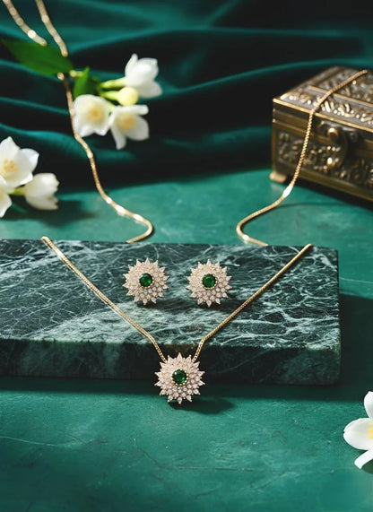 Sunburst Pendant Set Green Zircon Gold Plated