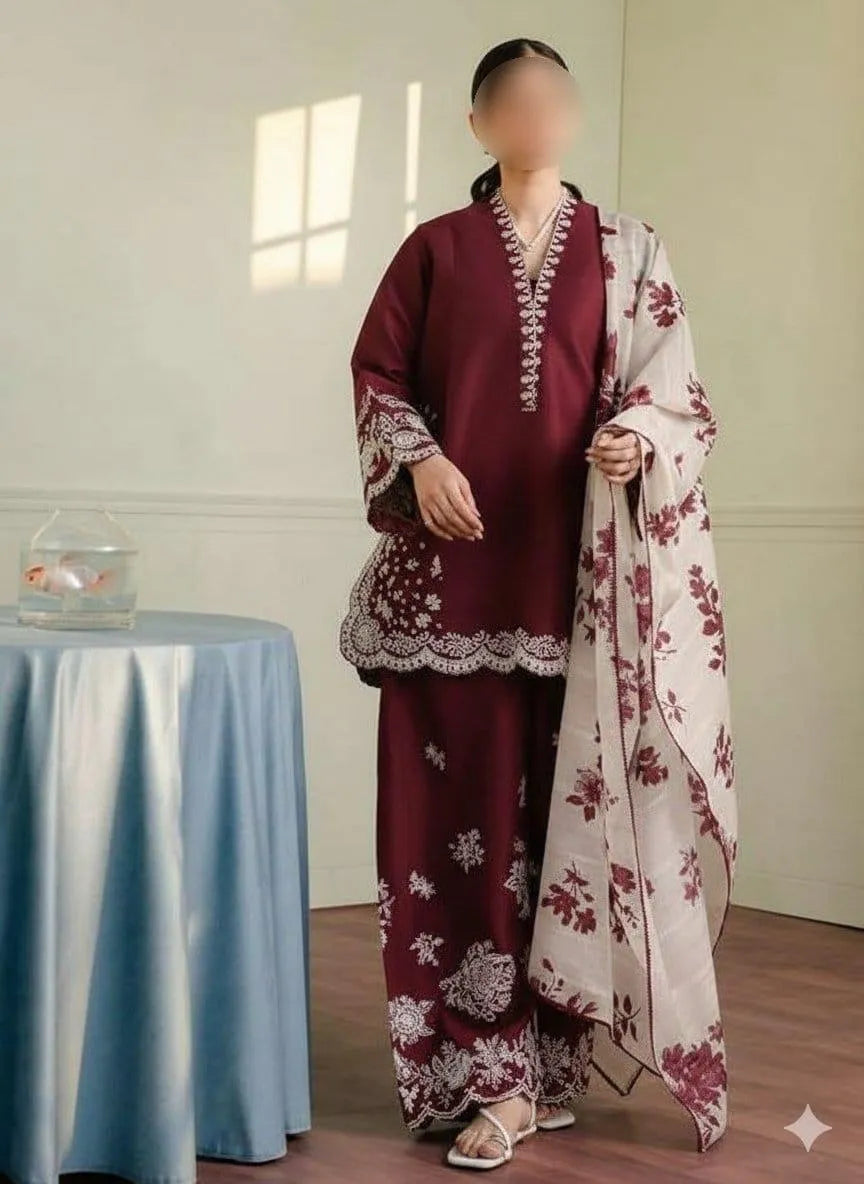 Maroon Embroidered Lawn Shirt Set with Dupatta
